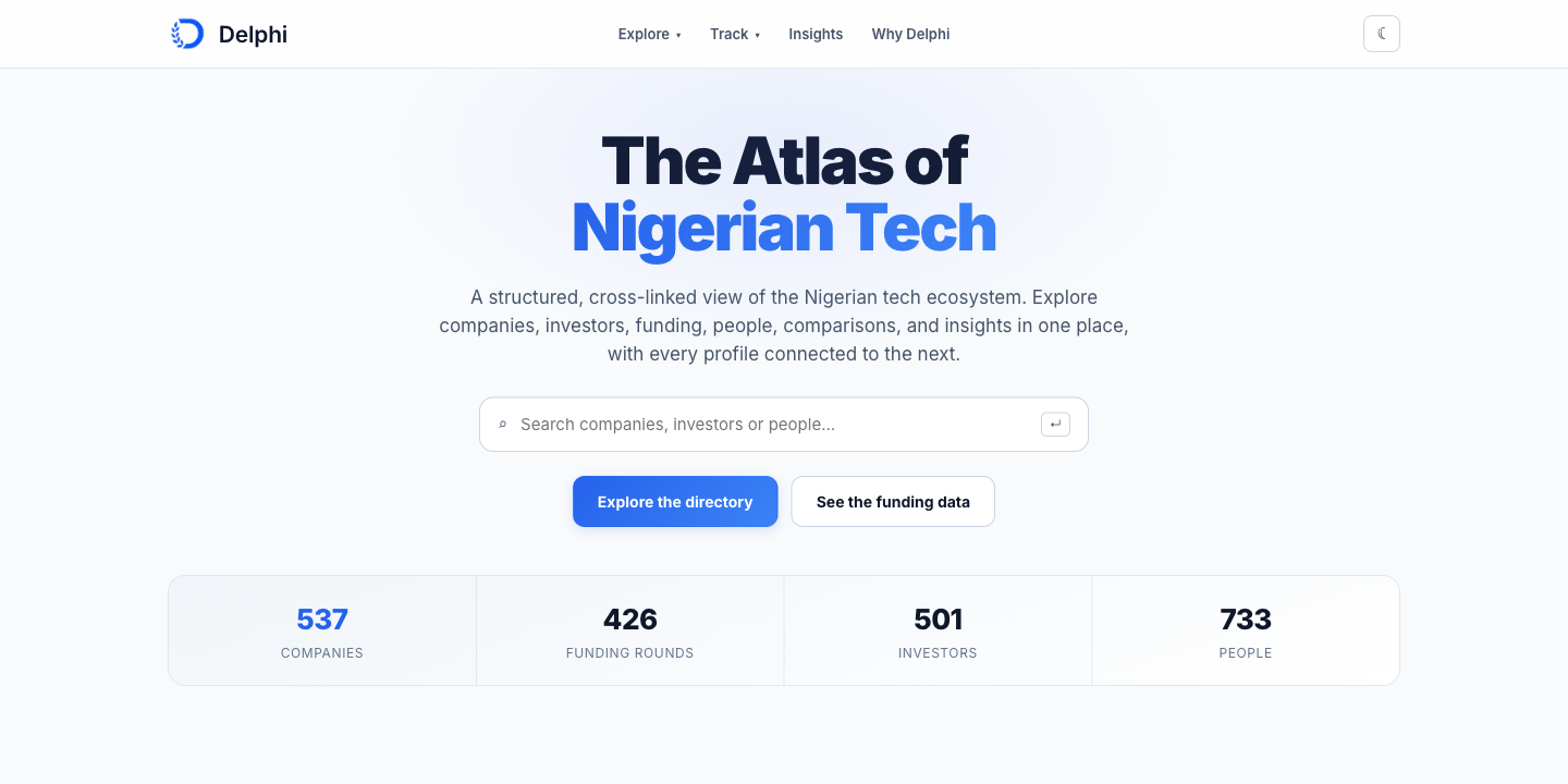 Delphi — the Atlas of Nigerian Tech: homepage with search and ecosystem stats for companies, funding rounds, investors, and people